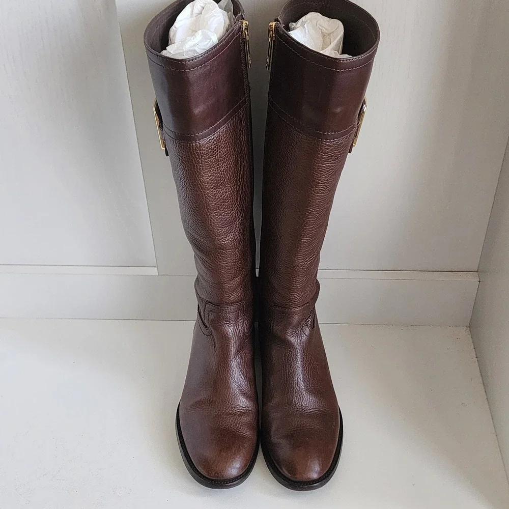 Tory Burch Julian Riding Boot Brown Leather Knee High Gold Logo Buckle Women 6.5